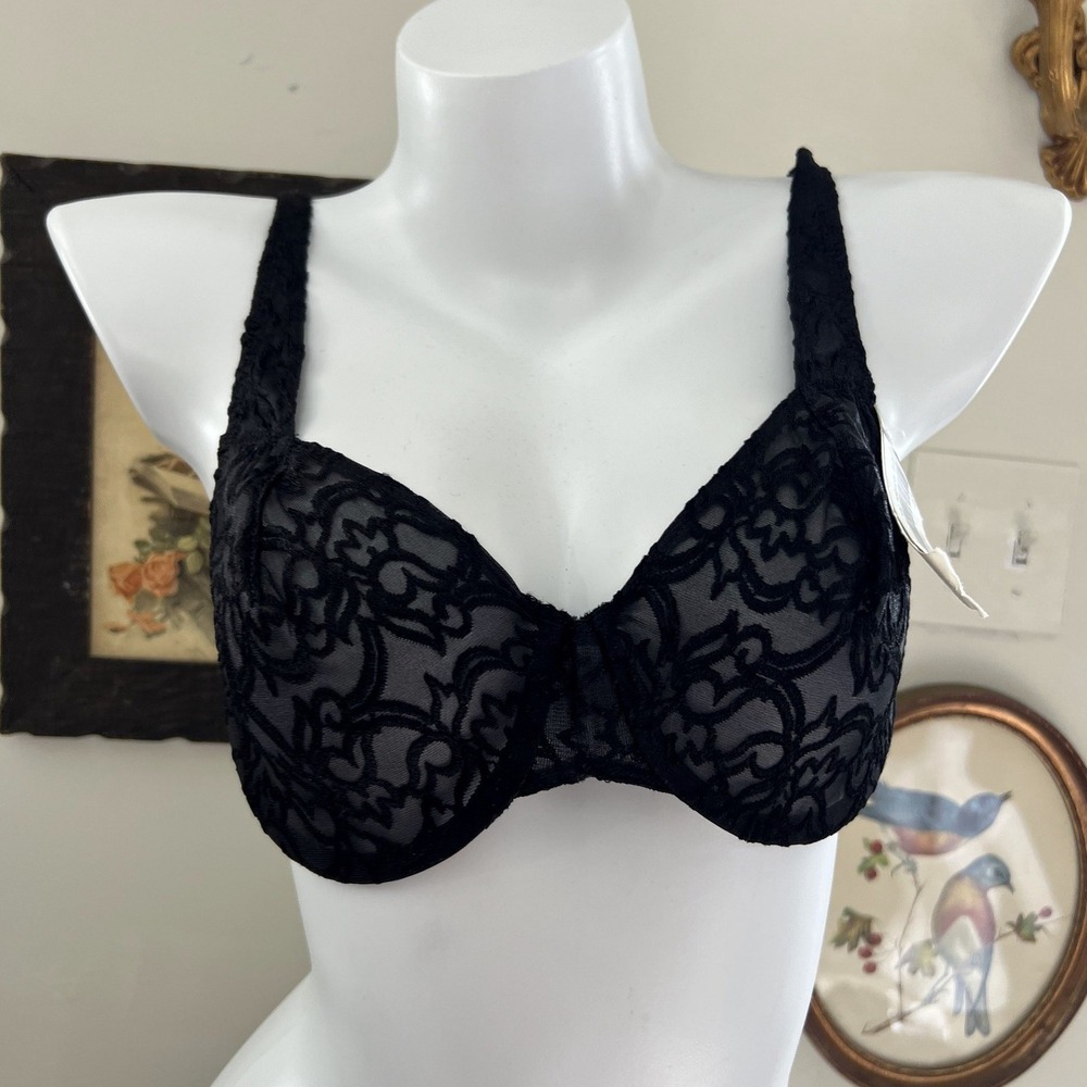Vintage Sears Black Underwire Bra with Flocked Floral Overlay Size 36B